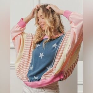 BIBI Stars and Stripes Round Neck Dolman sleeve long top with front pocket
